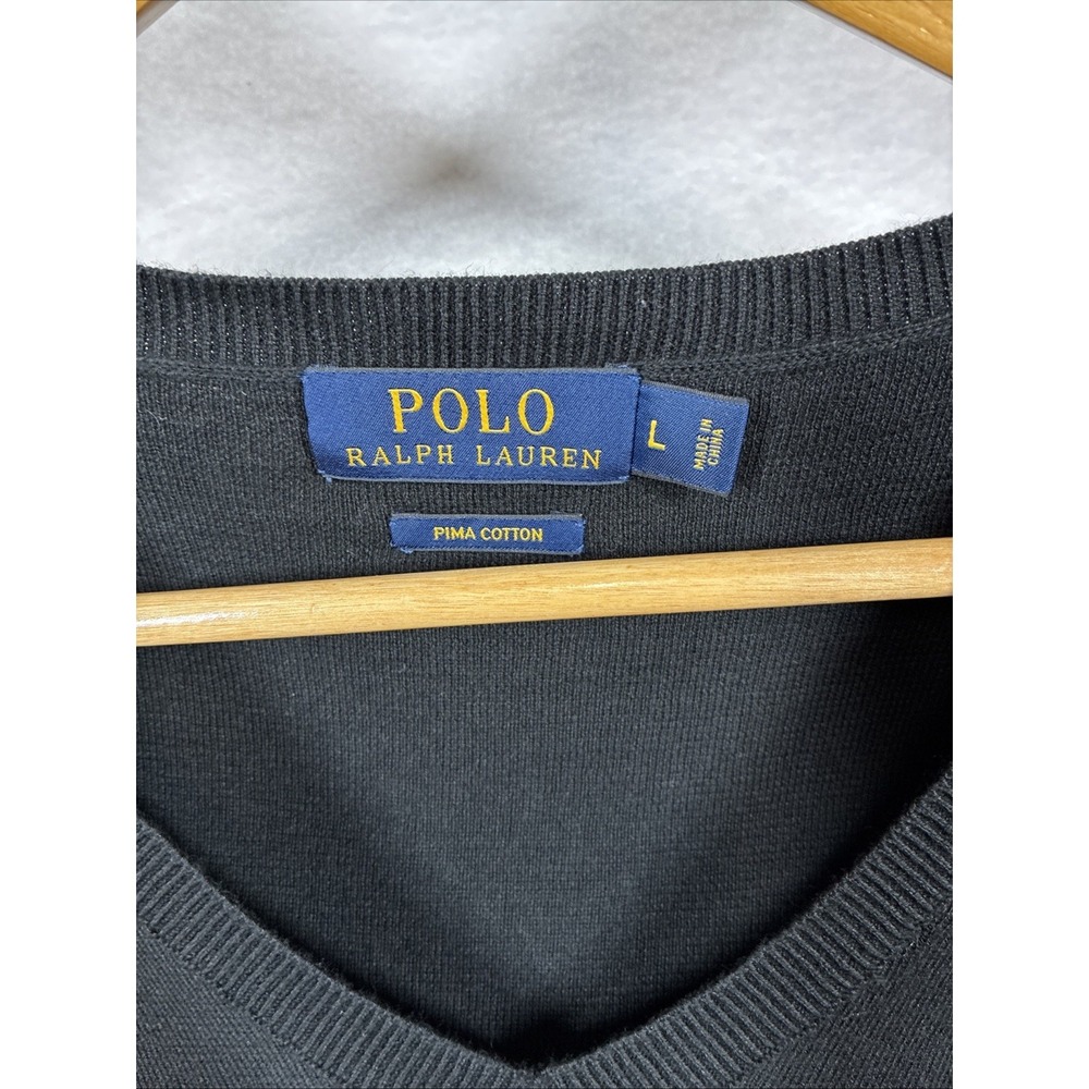 Polo Ralph Lauren Pima Cotton V Neck Sweater Mens Large Black Purple Pony Logo - Picture 3 of 6